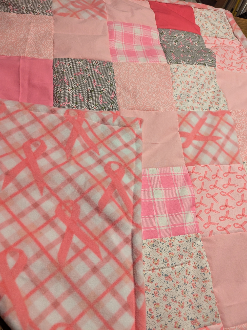 Breast Cancer Fleece Pink Patchwork Quilt Blanket - 40"X40"